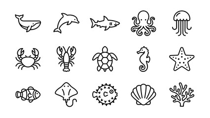 Marine life line icons set. Ocean animals vector. Stingray, lobster. Whale, dolphin, shark, octopus, jellyfish, crab, turtle, seahorse, starfish, shell. Simple underwater symbols.