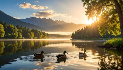 Sunrise over serene lake with ducks, mountains, and trees, creating a tranquil waterscape