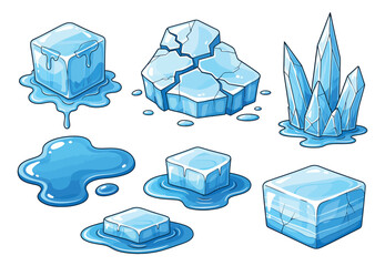 Cartoon ice elements set featuring melting cubes and frozen shards for cold drinks and winter concepts