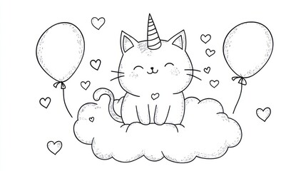 Cute cartoon cat unicorn on a cloud with balloons. Possible use children's book, coloring page, greeting card