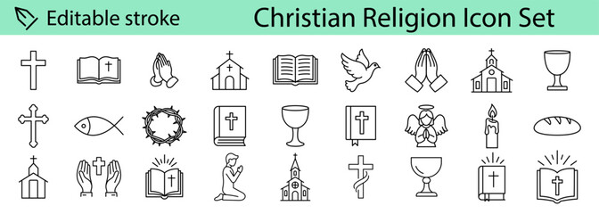 Christianity icons set. editable line icons, outline, spirituality and faith symbols