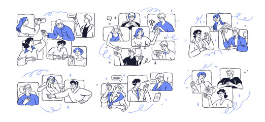 Video conference calls set. Online communication concept. Business teams, friends during virtual meeting, digital remote group gathering. Flat vector illustration isolated on white background