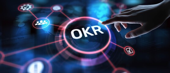 OKR Objectives and Key Results for Performance Management, projection on a virtual screen, Business and Technology Concept.