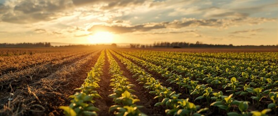 Young soybean plants in rows at sunset in a rural field setting with an agricultural landscape