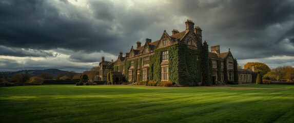 Manor in the English countryside with grass, ivy, and a dark sky