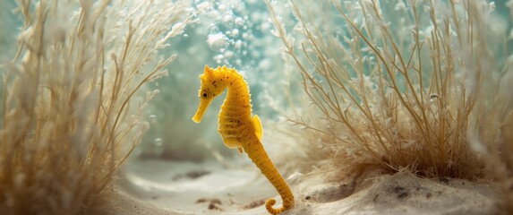 Bright yellow slender seahorse captured up close next to white aquatic plants in an aquarium