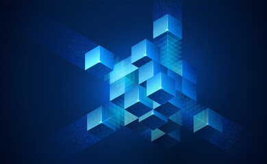 Abstract geometric blocks for AI systems, business finance, cloud storage, cybersecurity and digital infrastructure. 3D cube data background illustrating technology and blockchain network structure.