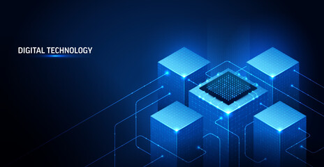Isometric AI technology 3D vector illustration. Central processor chip, big data circuits and connected server cubes. Blue background for computing, semiconductor, block chain system digital concept.