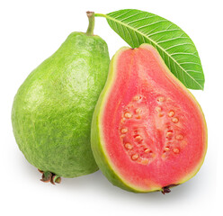 Ripe green guava and cross section of guava with pink flesh on white background. File contains clipping paths.