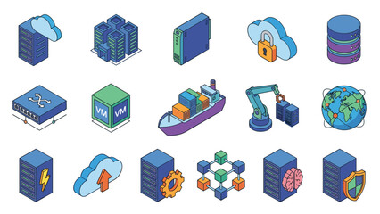 Isometric cloud computing and data center icon set with servers, database, network switch, VM, blockchain, AI, cybersecurity shield, cloud upload and lock, DevOps