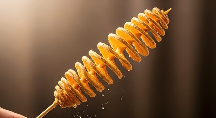 Close-up of a crispy spiral-cut tornado potato on a skewer with savory seasoning powder and oil droplets falling against a warm brown background.