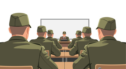 This instructional illustration depicts a group of soldiers in uniform seated in a classroom, viewed from behind, intently focused on an instructor presenting at the front.