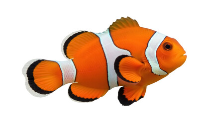 Isolated vibrant orange clownfish with three white stripes is swimming in aquarium water