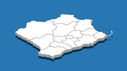Isometric map of a country divided into regions with a blue background
