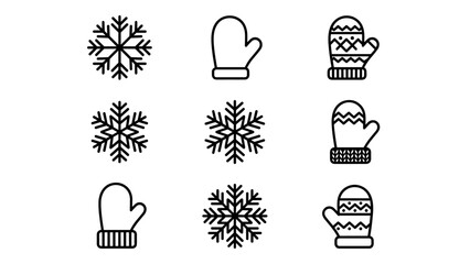 Set of Nine Minimalist Winter Icons Featuring Unique Snowflake Designs and Patterned Mittens in a Clean Black Line Art Style, Ideal for Seasonal Holiday Graphics, Christmas Decor, and Web Design
