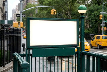 Blank illuminated horizontal signage mockup at a subway entrance in New York City, urban street advertising template.