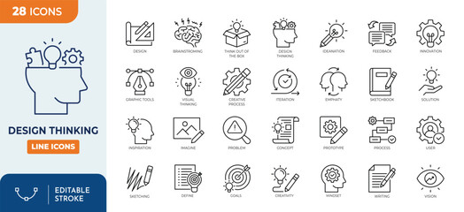 Design Thinking line editable icon set. Contain icons related to design, thinking, ideation, brainstorm, creativity, prototype, innovation, research, and more. Editable stroke. Vector illustration