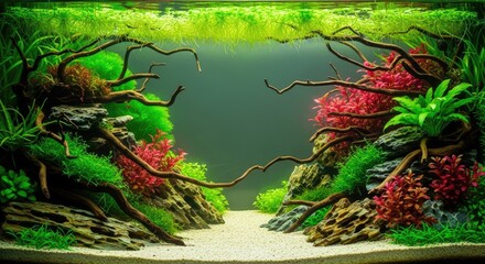 A vibrant aquarium with a variety of plants and rocks, featuring a colorful and lush underwater ecosystem.