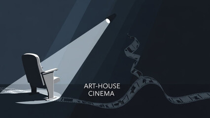 Art house cinema chair with spotlight and film reel on dark background