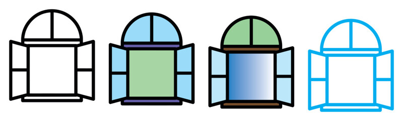 Four stylized open window icons featuring arched tops and wide-open shutters in different color schemes