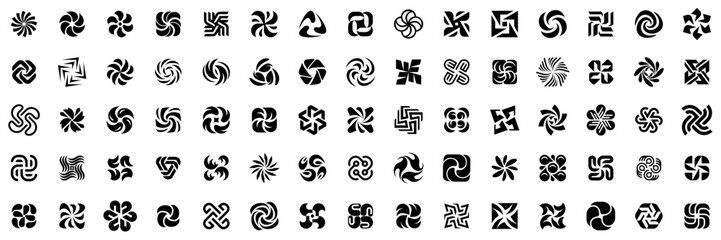 Flowing spiral and swirl logos. Collection of round logos featuring, spirals, and vortex elements. Abstract symbols for branding, identity, and corporate design. Flat style 