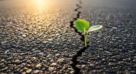 Small green plant growing through crack in asphalt road