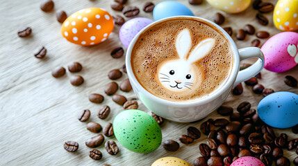 A cup of delicious coffee with a bunny on the surface on the coffee table around Easter eggs and coffee beans