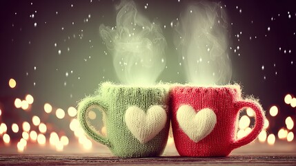 Retro coffee mood: two heart-patterned colorful mugs old round table top shot, steam motion soft light warmth, ideal for indie café menu or vintage lifestyle mag insert