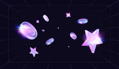 Holographic glowing coins and stars on retro perspective grid background. Vector illustration concept of bonuses, rewards, cashback, games and loyalty programs
