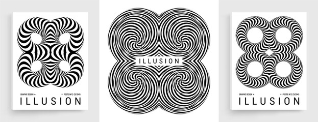 Black and white design. Optical illusion. Abstract striped form. Copy space. Hardcover book layout. Torus. Cover design template. Vector illustration for brochure, planner, diary, notebook or notepad.