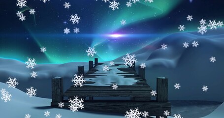 Stretching wooden pier with broken planks and posts over polar plain with aurora and falling flakes