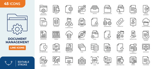Document management line editable icon set. Contain icons related to Document, management, organization, folder, archive, storage, and more. Editable stroke. Vector illustration