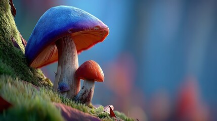 Fantasy game scene: 3D glowing mushrooms blue-orange luminescence mossy realm, depth bokeh magical flares, razor texture, ideal for RPG loading screen, indie game cover, virtual world concept