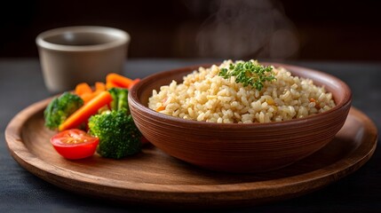 Steaming brown rice with a side of fresh steamed vegetables and herbs on a wooden plate
