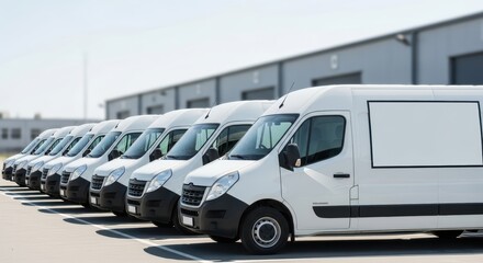Multiple White Cargo Vans Lined Up in a Row Outdoors Under Bright Sunlight Ready for Delivery Services