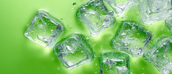 The Ice Cubes on Bright Green Background Creating Crisp Fresh Cold Impression