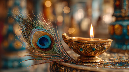 Golden oil lamp burning with peacock feather against warm blurred background for hindu thaipusam festival and lord murugan worship concept