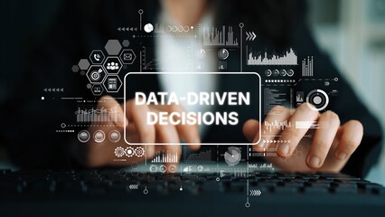Data-Driven Decisions Concept with Digital Screen and Hands on Keyboard in Business Environment. Asymptotic smart data analytic.