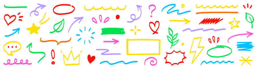 Marker line hand drawn arrow, highlight scribble set. Sketch color hand drawn marker line arrowbrush element shape graphic. Doodle scribble paint underline, circle frame icons. Vector illustration