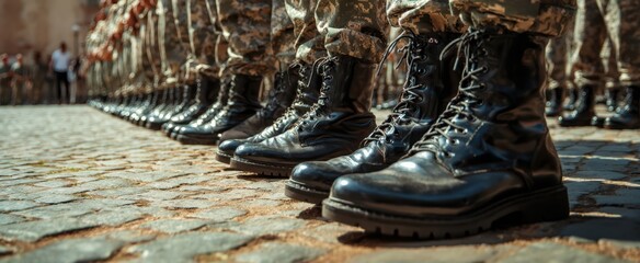 The Boots of a Military Formation Shining on Cobblestone Parade Ground
