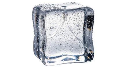 Wet ice cube PNG isolated on transparent background, clear frozen water block with water droplets for drinks and refreshment