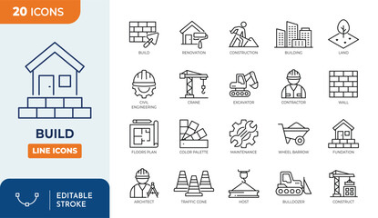 build line editable icon set. Contain icons related to build, construction, building, architecture, worker, and more. Editable stroke. Vector illustration