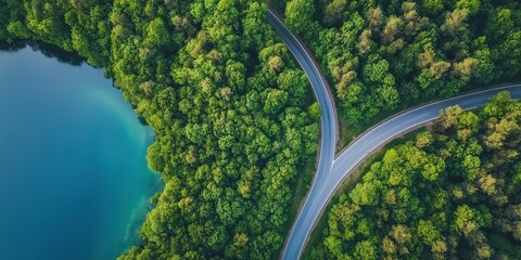 Aerial view of road winding through forest with lake splitting into two directions showcasing beautiful natural scenery