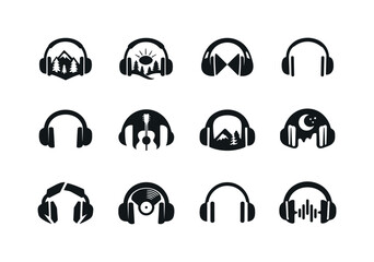 Indie Music Icons. Indie music. Icon set. Set Logo of indie music: headphone silhouette. harmonious logo variations of the same emblematic concept, each with