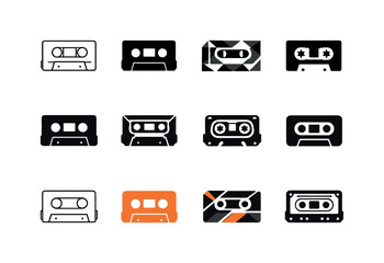 Indie Music Logos. Indie music. Icon set. Set Logo of indie music: vintage cassette tape. harmonious logo variations of the same emblematic concept, each with