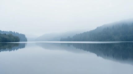 Calm gray lake with a dense forest reflected on the water. Serene nature scene of a misty morning. Tranquil background for relaxation.