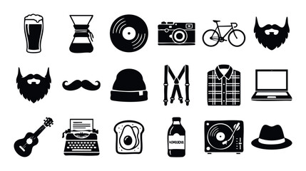This collection of modern lifestyle icons represents various elements of hipster culture, perfect for digital media, web, apps, or print projects.