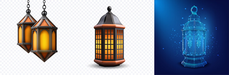 Collection of 3D Arabic Ramadan lanterns: warm glowing hanging fanous and standing lamp, plus futuristic blue hologram wireframe lantern on blue background, isolated set