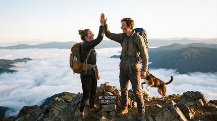 Adventurous couple reaching mountain summit high five achievement, scenic view above clouds, teamwork and success in hiking, travel lifestyle with dog on rocky peak, mountaineering victory moment