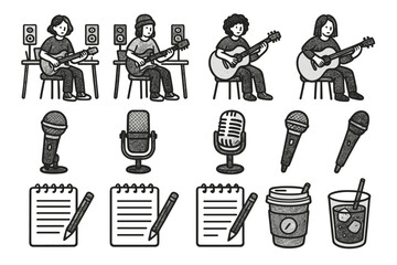 Drink microphone workspace notepad artistic doodle vector music indie icon musician